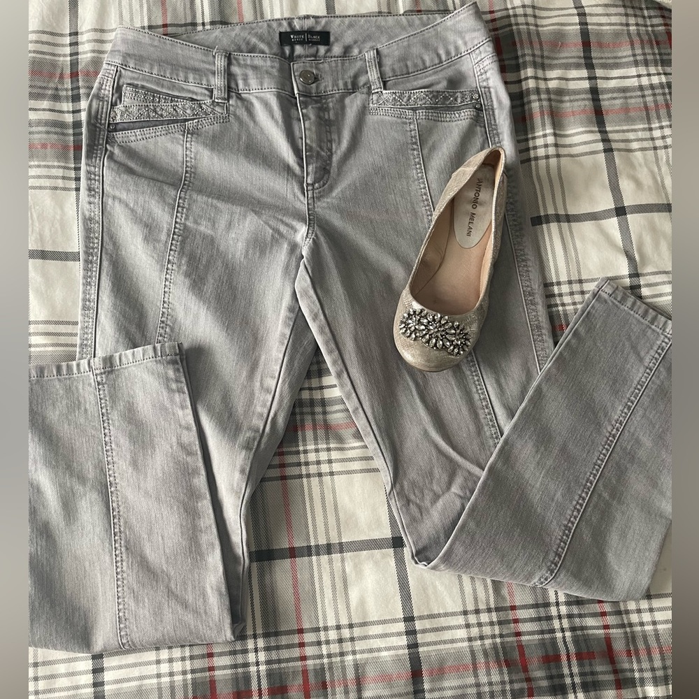 Gray straight leg jeans.